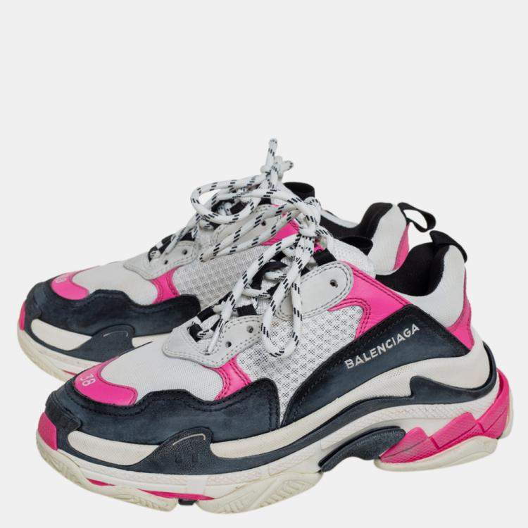 Pre Owned Balenciaga White/Pink Leather And Mesh Triple S Platform Sneakers Size 38