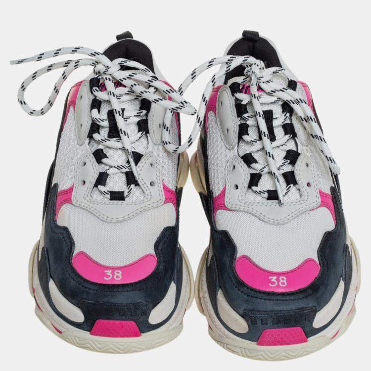 Pre Owned Balenciaga White/Pink Leather And Mesh Triple S Platform Sneakers Size 38