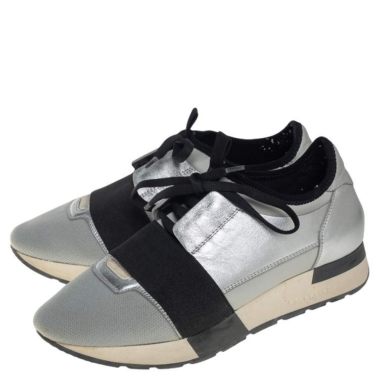 Pre Owned Balenciaga Grey/Black Fabric And Leather Race Runner Sneakers Size 38