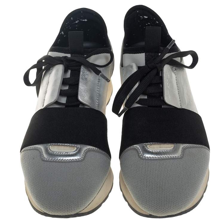 Pre Owned Balenciaga Grey/Black Fabric And Leather Race Runner Sneakers Size 38