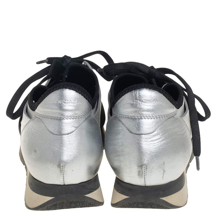 Pre Owned Balenciaga Grey/Black Fabric And Leather Race Runner Sneakers Size 38
