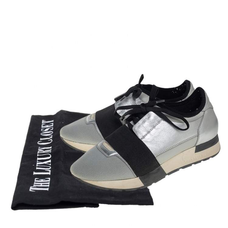 Pre Owned Balenciaga Grey/Black Fabric And Leather Race Runner Sneakers Size 38