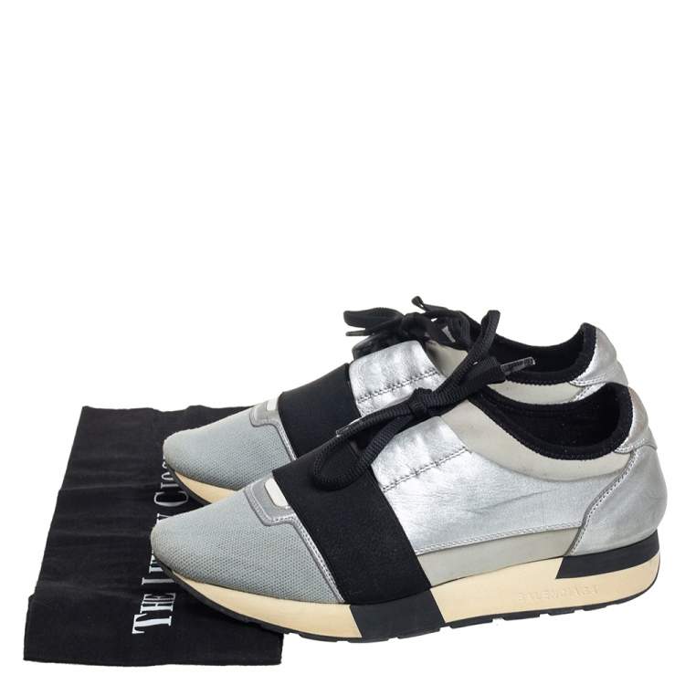 Pre Owned Balenciaga Grey/Silver Leather And Knit Fabric Race Runner Sneakers Size 38