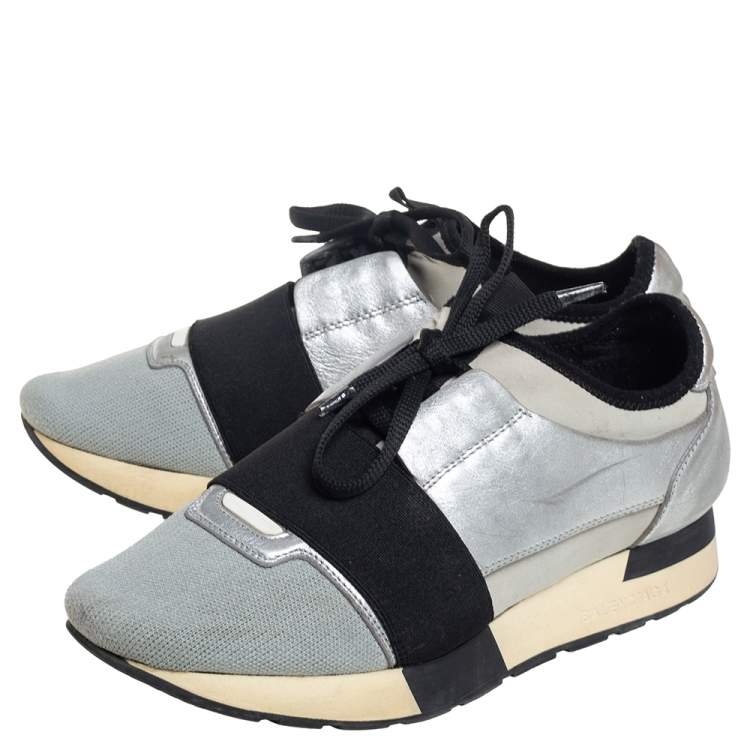Pre Owned Balenciaga Grey/Silver Leather And Knit Fabric Race Runner Sneakers Size 38