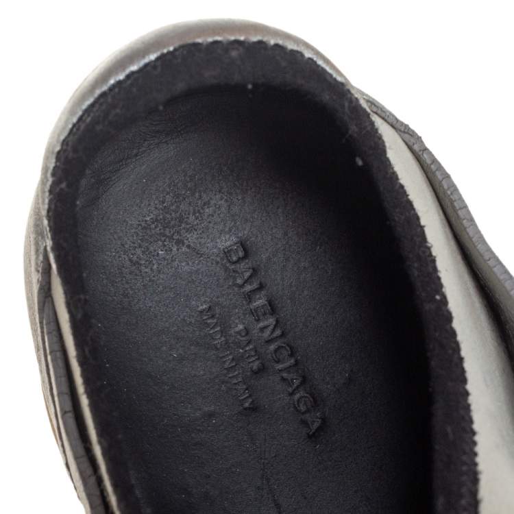 Pre Owned Balenciaga Grey/Silver Leather And Knit Fabric Race Runner Sneakers Size 38
