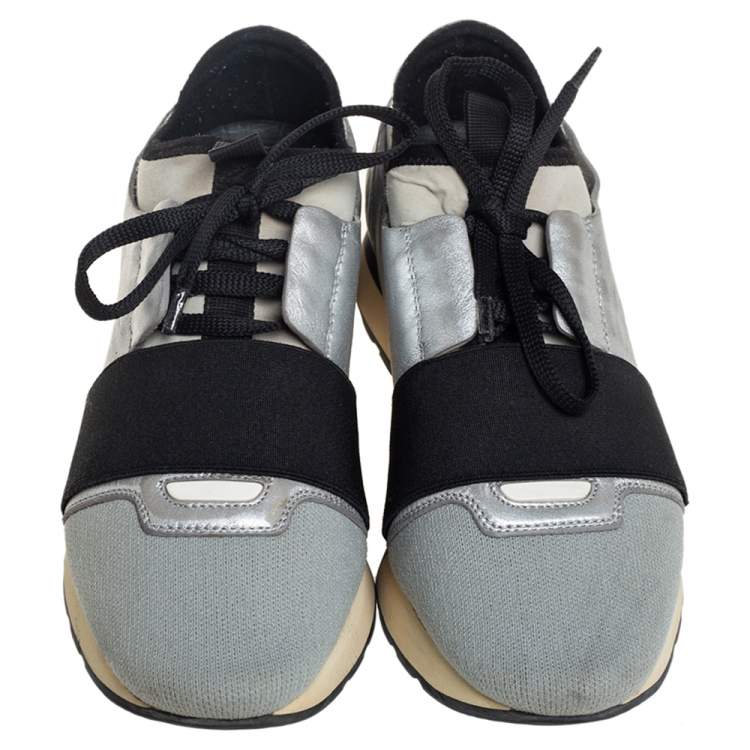 Pre Owned Balenciaga Grey/Silver Leather And Knit Fabric Race Runner Sneakers Size 38