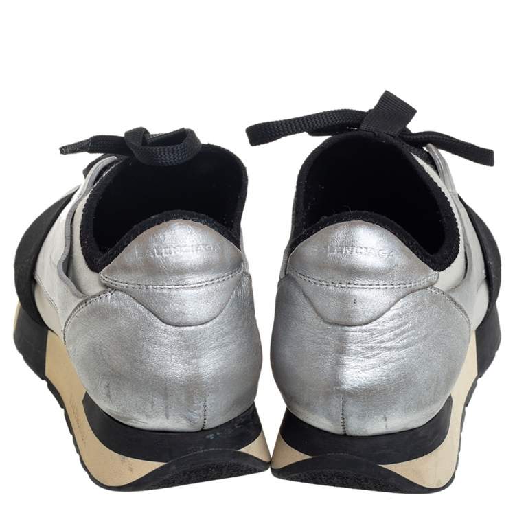 Pre Owned Balenciaga Grey/Silver Leather And Knit Fabric Race Runner Sneakers Size 38