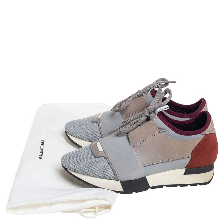 Pre Owned Balenciaga Grey/Burgundy  Leather And Suede Race Runner Sneakers Size 36