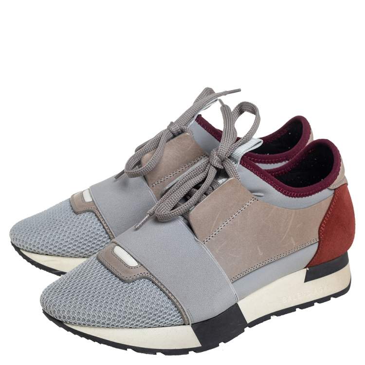 Pre Owned Balenciaga Grey/Burgundy  Leather And Suede Race Runner Sneakers Size 36