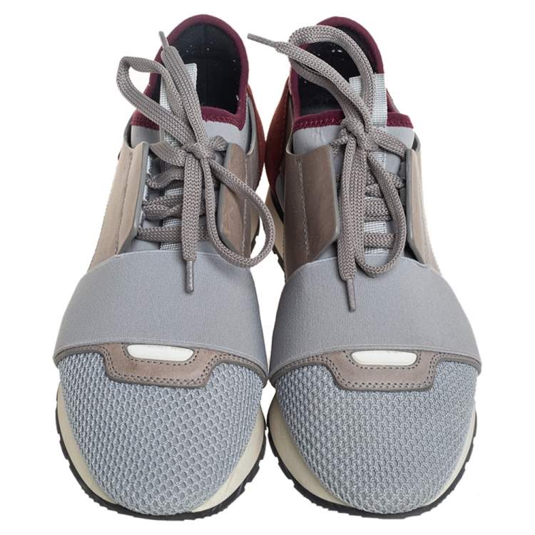 Pre Owned Balenciaga Grey/Burgundy  Leather And Suede Race Runner Sneakers Size 36