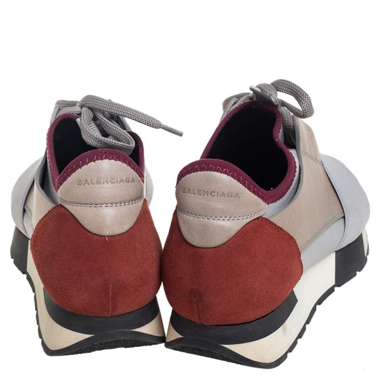 Pre Owned Balenciaga Grey/Burgundy  Leather And Suede Race Runner Sneakers Size 36