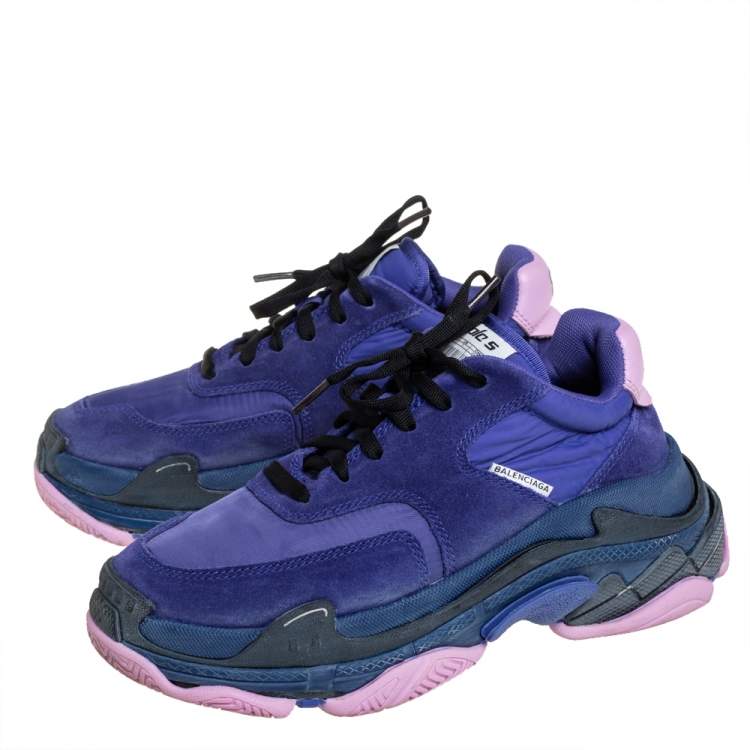 Pre Owned Balenciaga Purple Nylon And Suede Triple S Low Top Sneakers Size 37