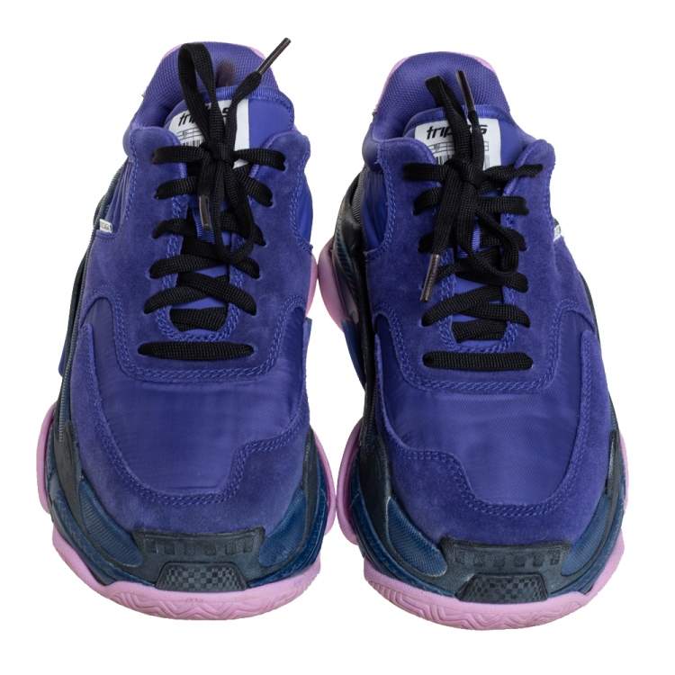 Pre Owned Balenciaga Purple Nylon And Suede Triple S Low Top Sneakers Size 37
