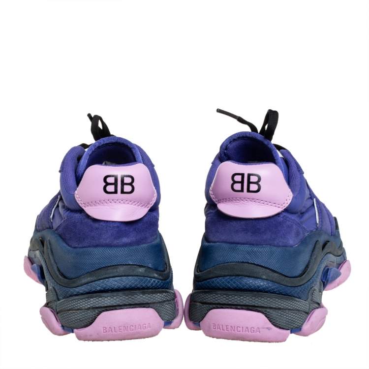 Pre Owned Balenciaga Purple Nylon And Suede Triple S Low Top Sneakers Size 37