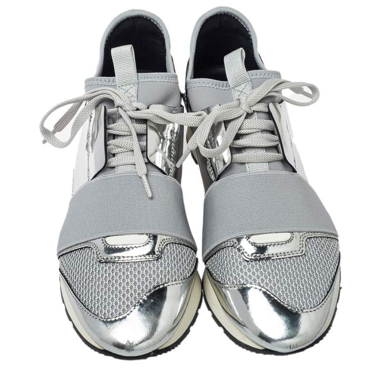 Pre Owned Balenciaga Metallic Silver/Grey Race Runner Sneakers Size 38