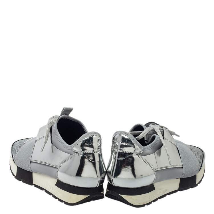 Pre Owned Balenciaga Metallic Silver/Grey Race Runner Sneakers Size 38