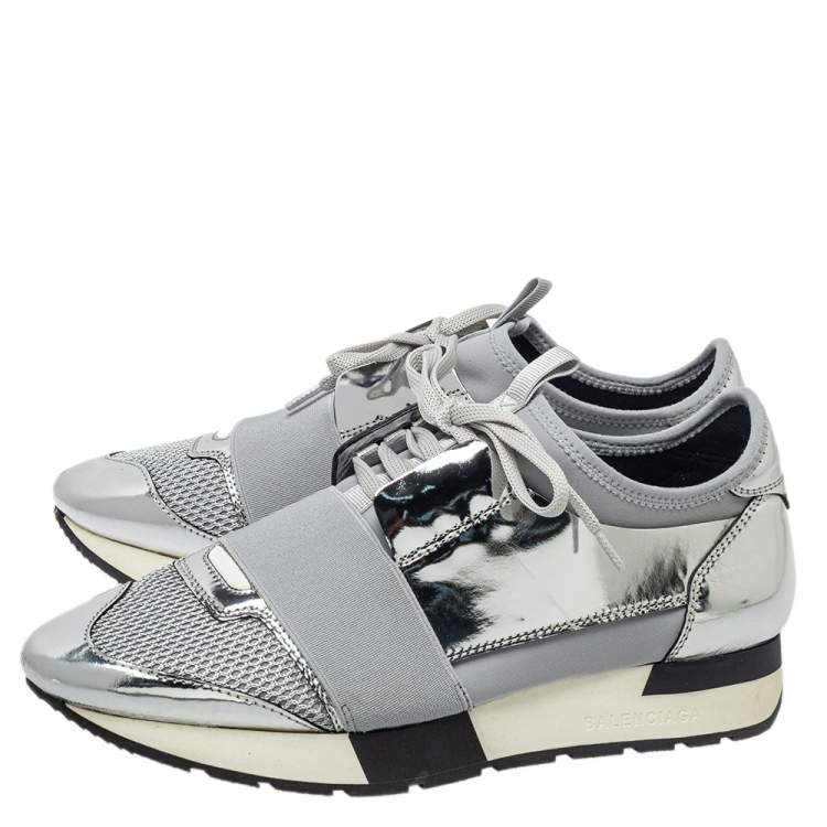 Pre Owned Balenciaga Metallic Silver/Grey Race Runner Sneakers Size 38