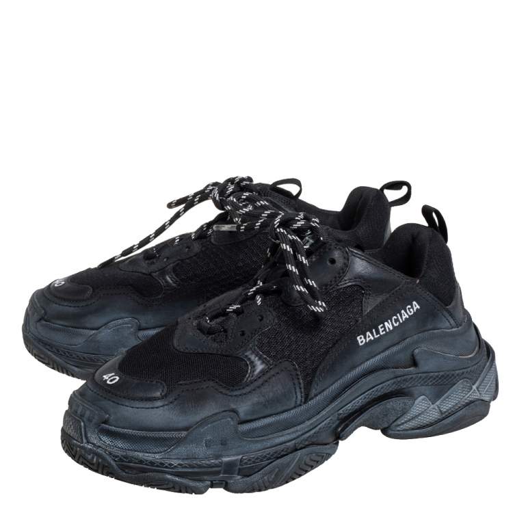 Pre Owned Balenciaga Black Mesh And Leather Triple S Low Top Sneakers Size 40