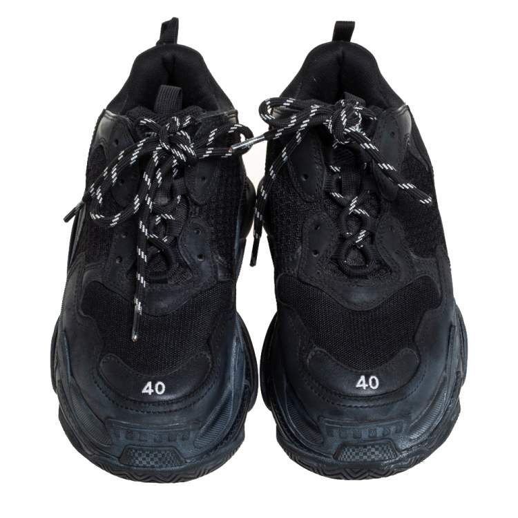 Pre Owned Balenciaga Black Mesh And Leather Triple S Low Top Sneakers Size 40