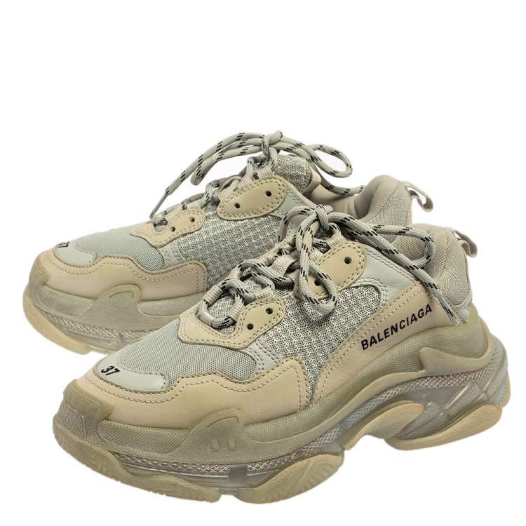 Pre Owned Balenciaga Grey Mesh And Leather Triple S Low Top Sneakers Size 37