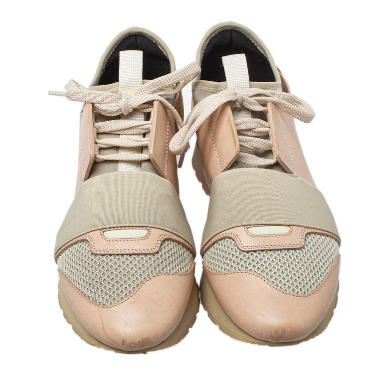Pre Owned Balenciaga Pink/Grey Leather, Mesh Race Runner Sneakers Size 37