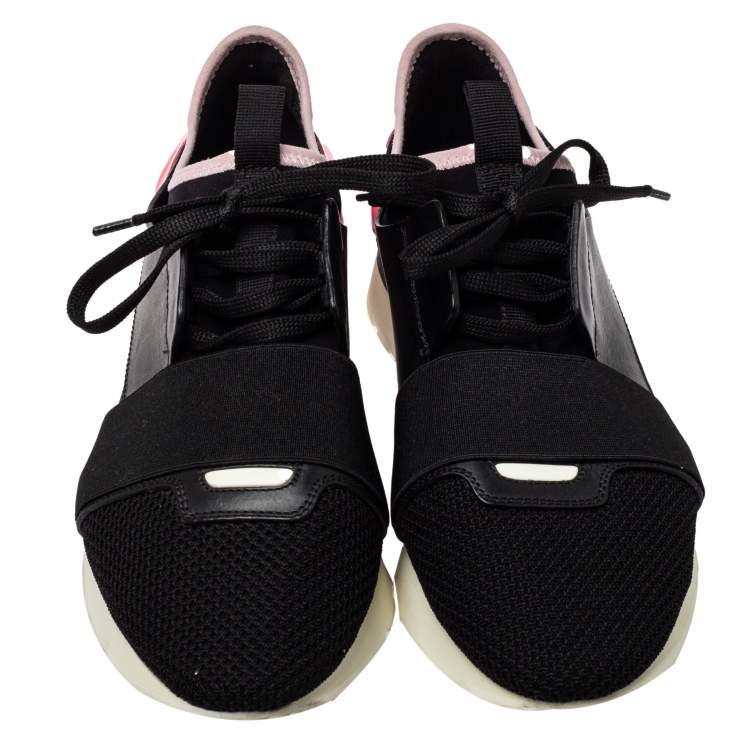 Pre Owned Balenciaga Pink/Black Mesh And Leather Race Runner Sneakers Size 40