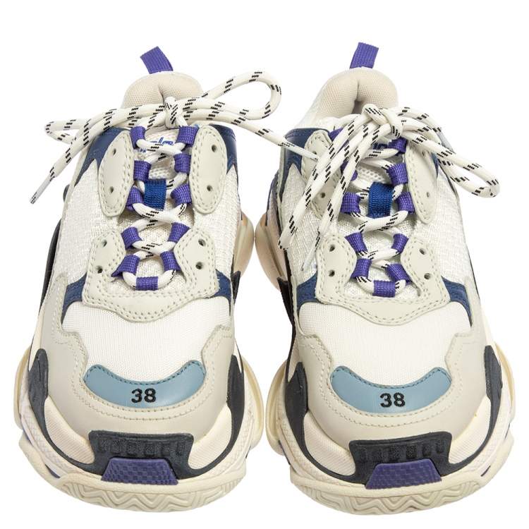 مملوكة مسبقًا Balenciaga White/Purple Mesh And Leather Triple S Low Top Sneaker Size 38