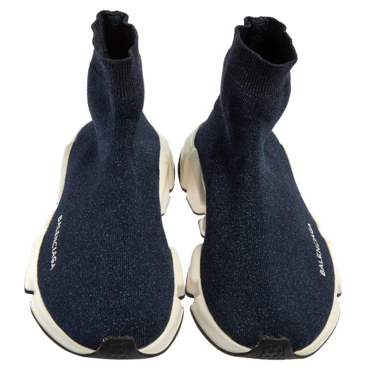 Pre Owned Balenciaga Navy Blue Shimmery Knit Fabric Speed Trainer High Top Sneakers Size 40