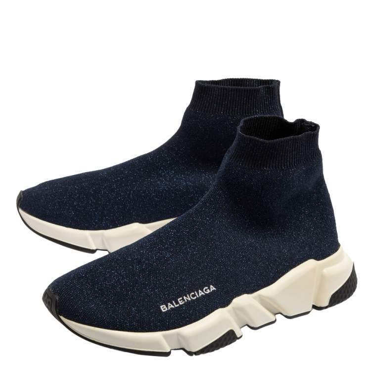 Pre Owned Balenciaga Navy Blue Shimmery Knit Fabric Speed Trainer High Top Sneakers Size 40
