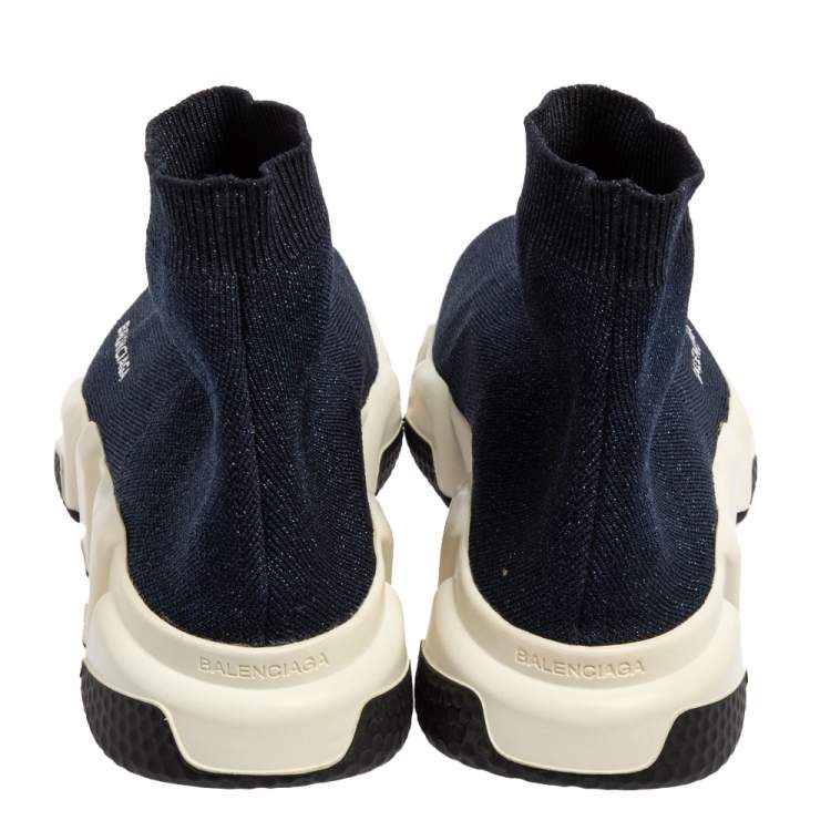 Pre Owned Balenciaga Navy Blue Shimmery Knit Fabric Speed Trainer High Top Sneakers Size 40