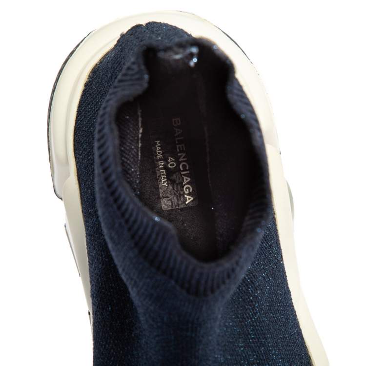 Pre Owned Balenciaga Navy Blue Shimmery Knit Fabric Speed Trainer High Top Sneakers Size 40