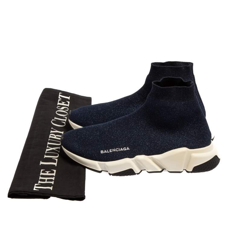 Pre Owned Balenciaga Navy Blue Shimmery Knit Fabric Speed Trainer High Top Sneakers Size 40