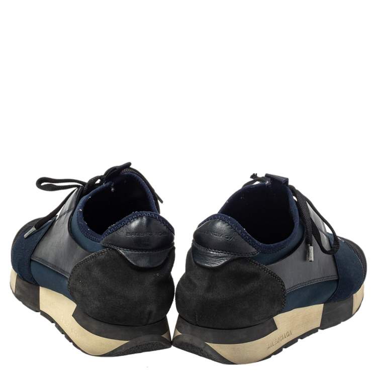Pre Owned Balenciaga Blue/Black Leather And Mesh Race Runner Sneakers Size 39