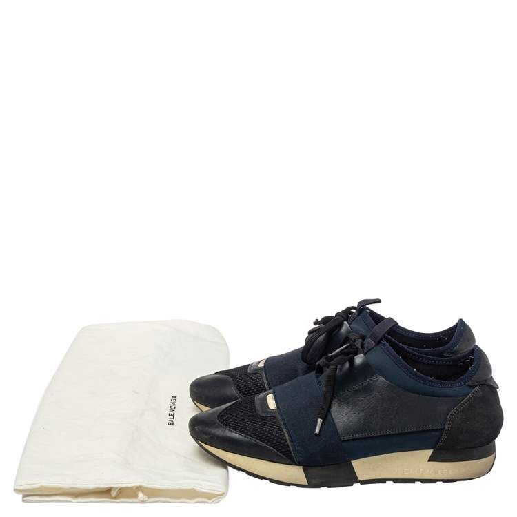 Pre Owned Balenciaga Blue/Black Leather And Mesh Race Runner Sneakers Size 39