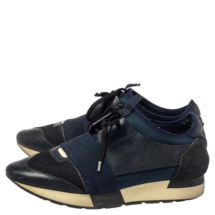 Pre Owned Balenciaga Blue/Black Leather And Mesh Race Runner Sneakers Size 39