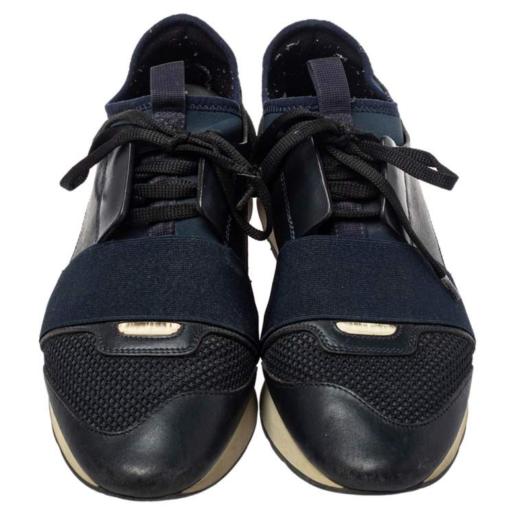 Pre Owned Balenciaga Blue/Black Leather And Mesh Race Runner Sneakers Size 39