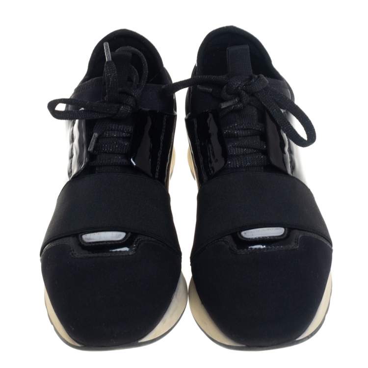 Pre Owned Balenciaga Black Patent Leather and Neoprene Race Runner Sneakers Size 38