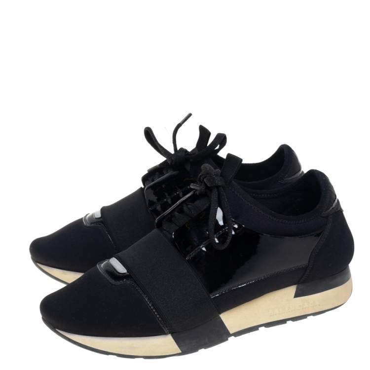 Pre Owned Balenciaga Black Patent Leather and Neoprene Race Runner Sneakers Size 38