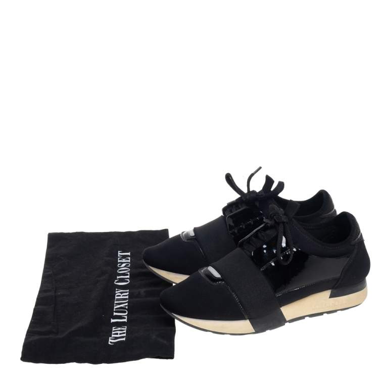 Pre Owned Balenciaga Black Patent Leather and Neoprene Race Runner Sneakers Size 38