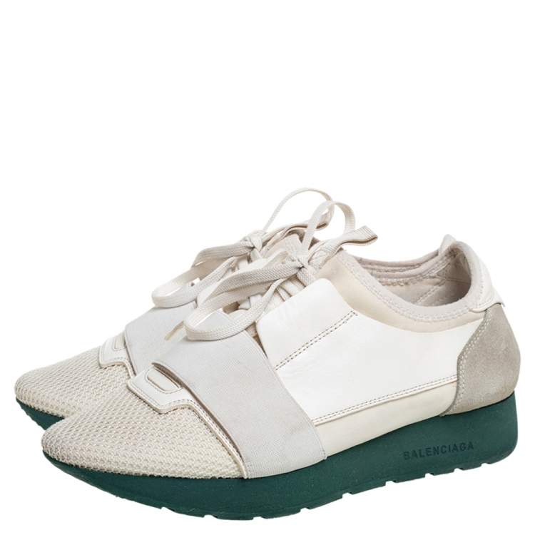 Pre Owned Balenciaga White Mesh And Leather Race Runner Low Top Sneakers Size 37