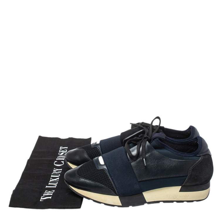 Pre Owned Balenciaga Black/Blue Leather And Mesh Race Runner Sneakers Size 38