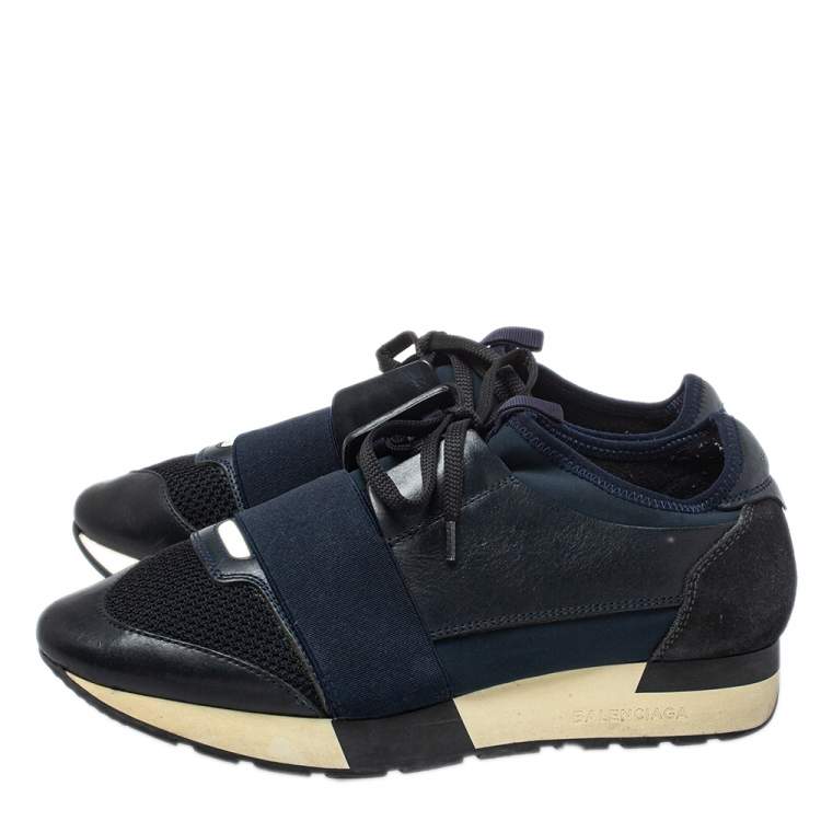 Pre Owned Balenciaga Black/Blue Leather And Mesh Race Runner Sneakers Size 38