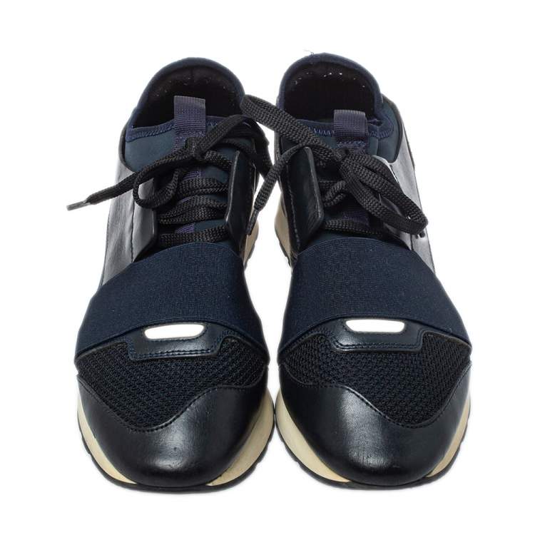Pre Owned Balenciaga Black/Blue Leather And Mesh Race Runner Sneakers Size 38