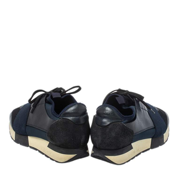 Pre Owned Balenciaga Black/Blue Leather And Mesh Race Runner Sneakers Size 38