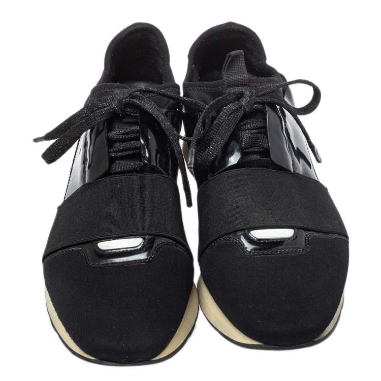 Pre Owned Balenciaga Black Patent Leather And Neoprene Race Runner Low Top Sneakers Size 38