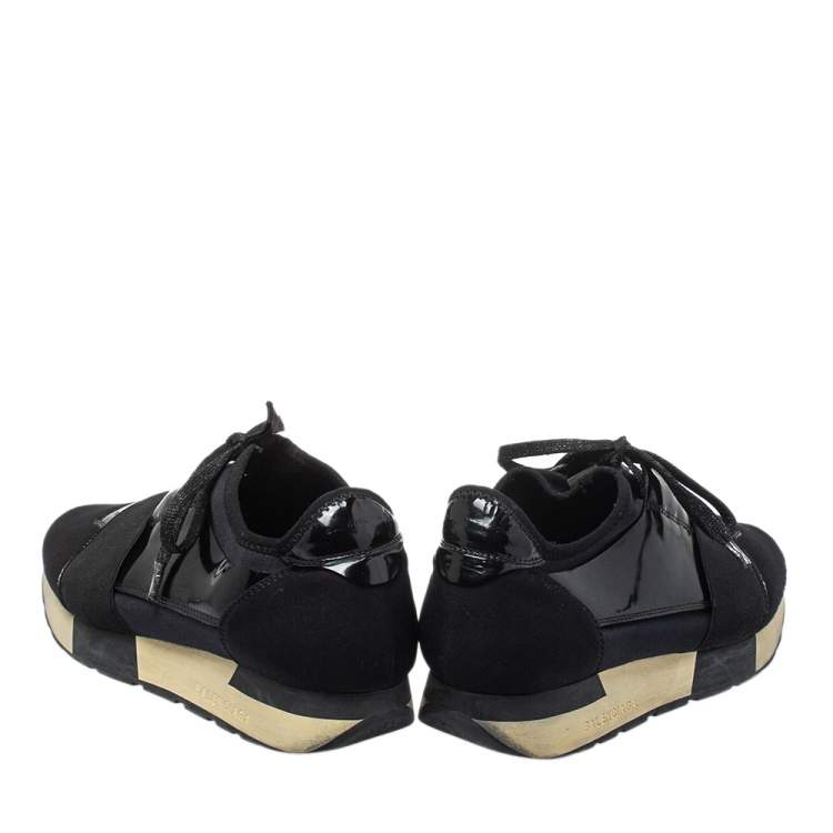 Pre Owned Balenciaga Black Patent Leather And Neoprene Race Runner Low Top Sneakers Size 38