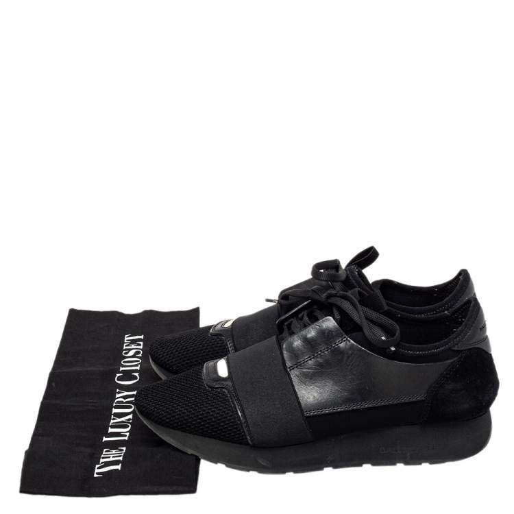 Pre Owned Balenciaga Black Leather And Mesh Race Runner Sneakers Size 38