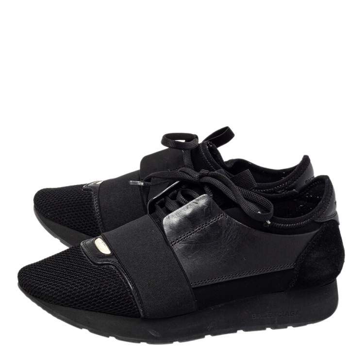Pre Owned Balenciaga Black Leather And Mesh Race Runner Sneakers Size 38