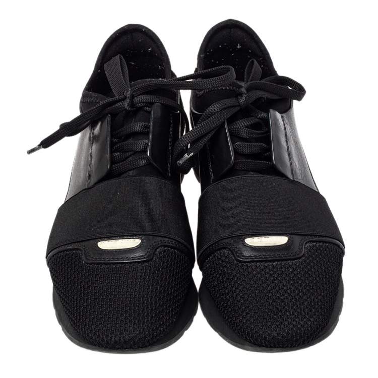 Pre Owned Balenciaga Black Leather And Mesh Race Runner Sneakers Size 38