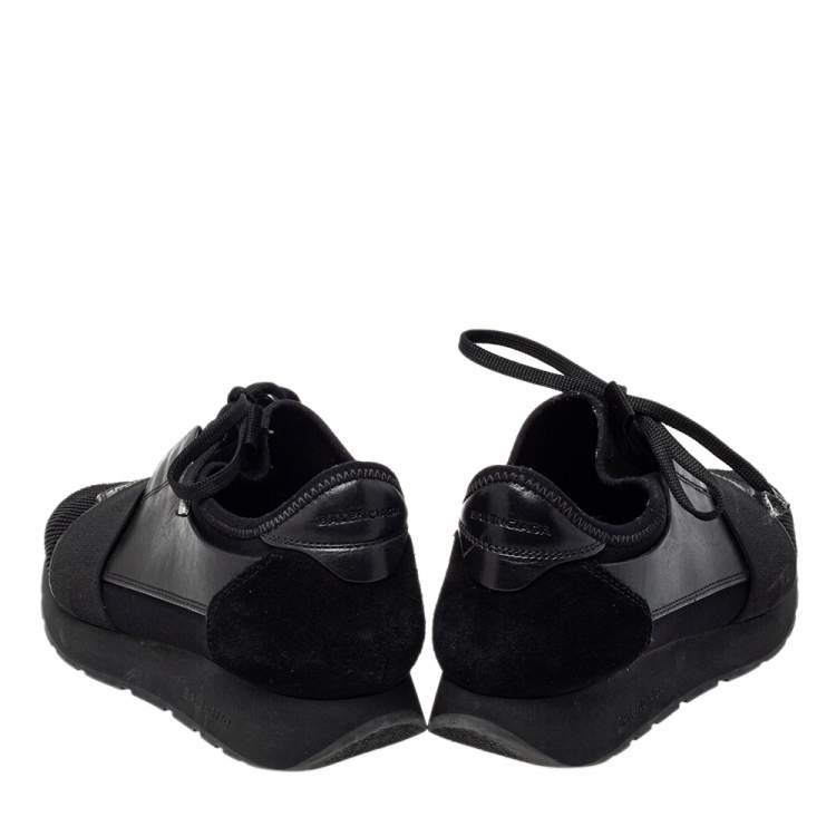 Pre Owned Balenciaga Black Leather And Mesh Race Runner Sneakers Size 38